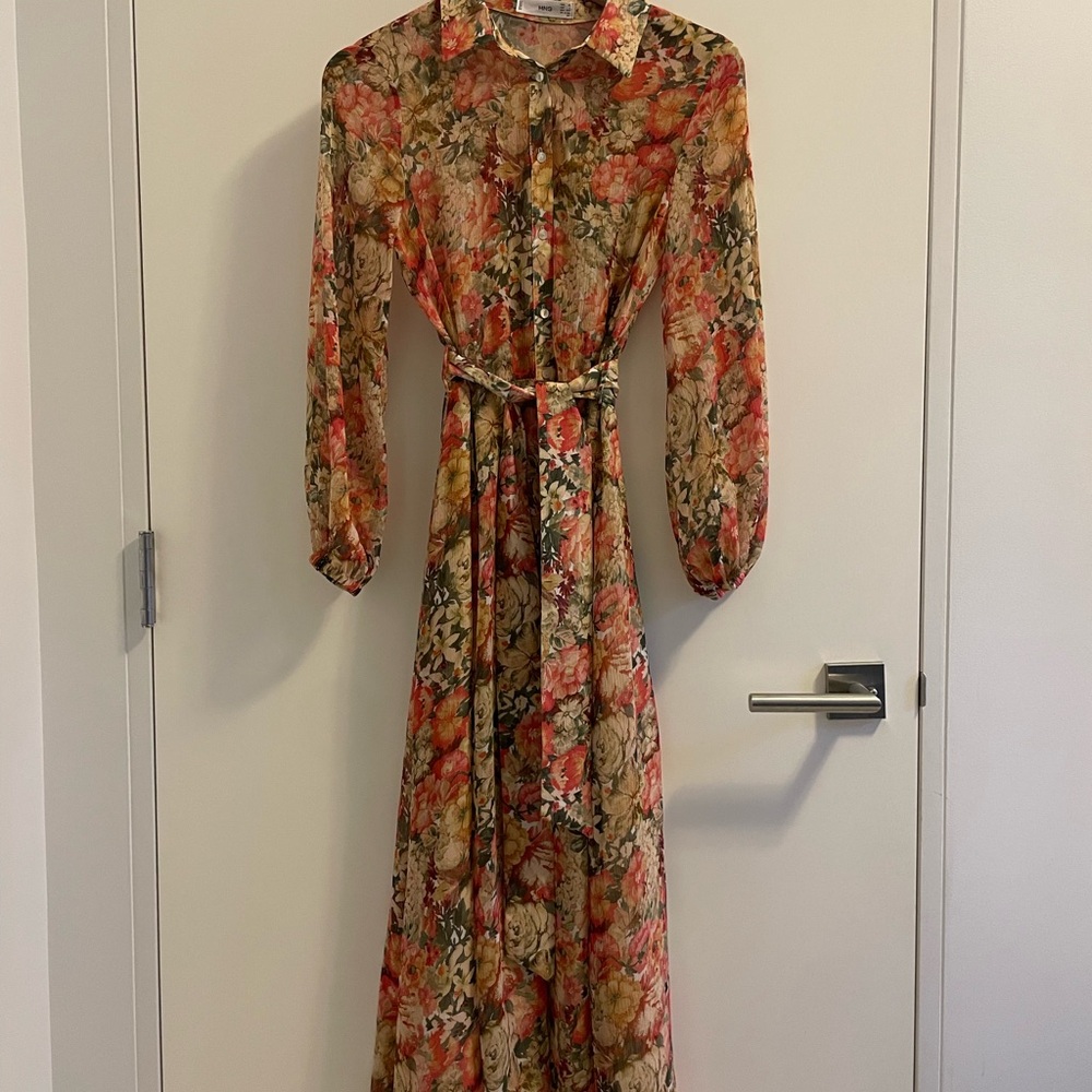 Mango Floral Long Sleeve Dress in Red and Tan